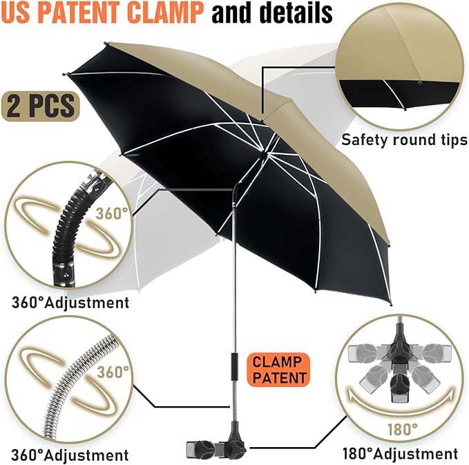 2 PACK Beach Umbrella with Clamp, 360 ° Adjustable Umbrellas for Chair, UPF50+ Umbrella for Beach Chair, Patio Chair, Wheelchair, Camping Chair, Golf Carts (Chair Not Included)