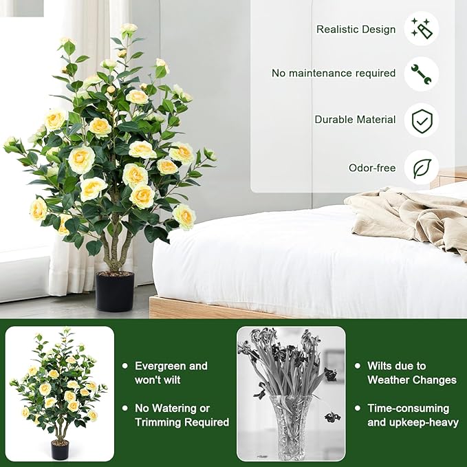 Artificial Camellia Tree 2 Pack 42" Faux Camellia Plant in Pot with 32 Blooming Flowers Fake Flower Tree Greenery Potted Plant for Indoor Outdoor Office Home Porch Decor Yellow
