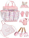 Kids Gardening Tool Set Toys - 8 Pieces Quality Garden Kit for Toddlers & Kids with Shovels, Rake, Watering Can, Hat, Apron, Gloves & Storage Bag (Pink Flower)