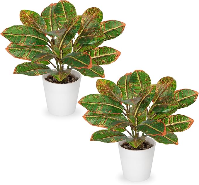 GnFlus Fake Plants Set of 2 Artificial Plants Faux Croton Plant with White Pots Fake Potted Plants Artificial Decor for Farmhouse Room Bathroom Bedroom Kitchen Office Table Desk Green and Red