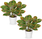 GnFlus Fake Plants Set of 2 Artificial Plants Faux Croton Plant with White Pots Fake Potted Plants Artificial Decor for Farmhouse Room Bathroom Bedroom Kitchen Office Table Desk Green and Red