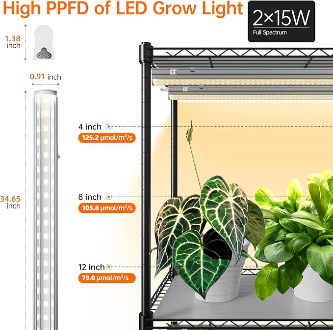 Bstrip Plant Shelf with Grow Light, Tall Grow Light Shelf, Plant Stand with 6 Pack 90W Full Spectrum Plant Lights for Indoor Plants, Seed Starting, Seed Tray, 35.4" Lx13.8 Wx70.8 H
