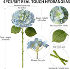 4 Pcs 20'' Real Touch Hydrangeas 2 White 2 Light Blue Artificial Hydrangeas Flowers Faux Latex Hydrangea for Kitchen Living Room Porch Home Decor Baby Shower Party Wedding Table Centerpiece