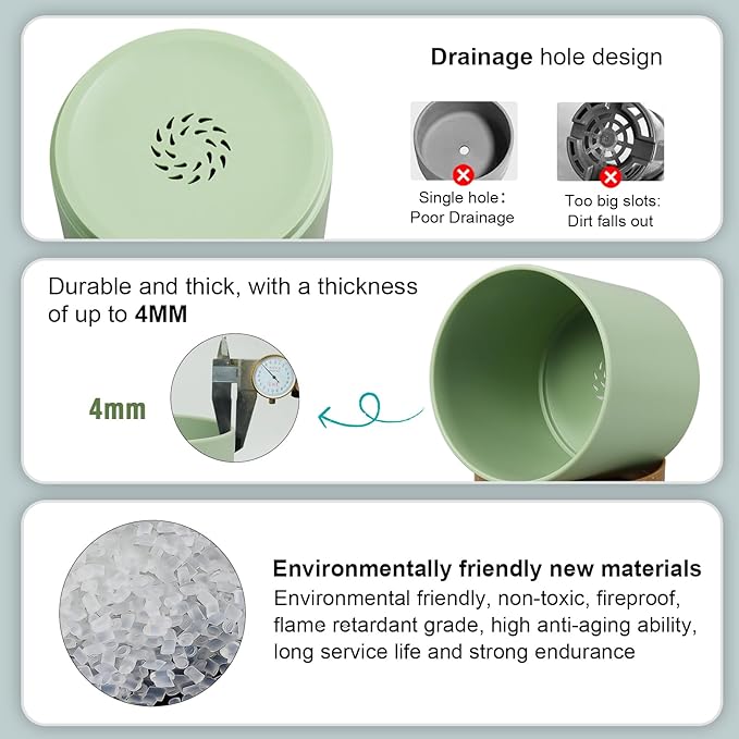 WSMKSZ 3 Pack 6/5/4 inch Cylindrical Flower Pots, Modern Small Round Plastic Plant Pots with Drainage Holes & Saucers, Clean and Refined Planter Pots for Outdoor, Indoor & Office Decor (Green Brown)