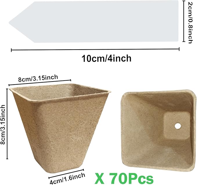 70-Pack 3.15 inch Square Peat Pots for Seedlings with 100 Labels, Biodegradable Nursery Pots with Drainage Holes for Plants