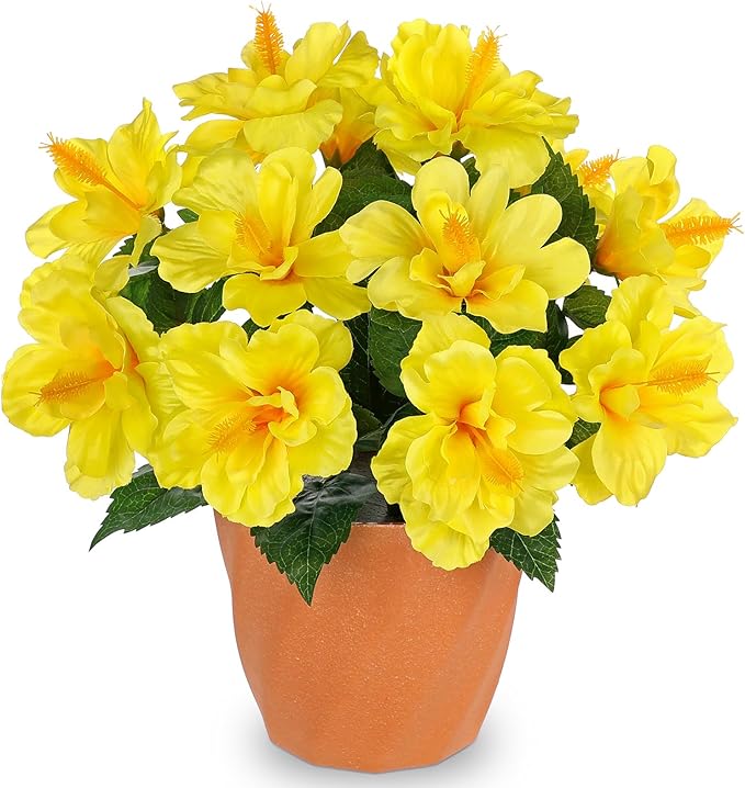 Briful Artificial Hibiscus Flowers in Pot, 14.1" Faux Tropical Flower Plant for Outdoor Porch, Potted Yellow Hibiscus Tabletop Decor for Living Room, Dining Table, Kitchen, Office, Indoor Home Décor