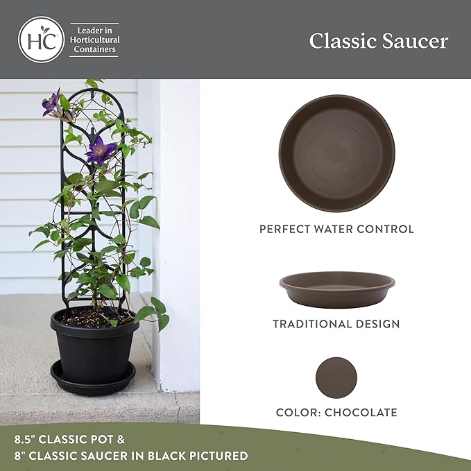 The HC Companies 8 Inch Classic Round Plant Saucer, Lightweight UV-Resistant Plastic Outdoor & Indoor Flower Pot Tray, 4-Pack Plant Pot Trays for Garden & Home Decor, Chocolate