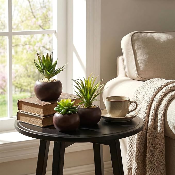 MyGift Succulents Plants Artificial, Fake Faux Indoor House Plants in Round Brown Ceramic Pots, Set of 3