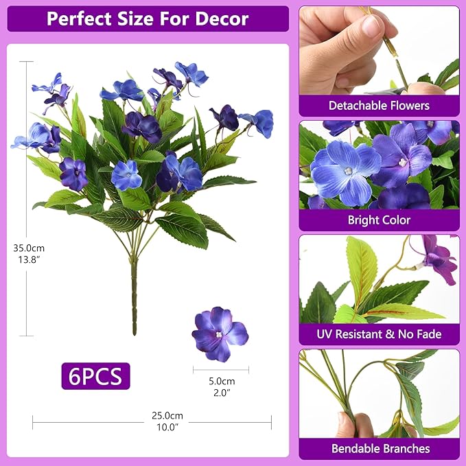 Hommyea Artificial Fake Flowers for Outdoor, 6 Bundles UV Resistant Faux Plants Decoration Silk Flowers No Fade Plastic Flowers for Outside Planters Home Porch Patio Yard Garden Decor