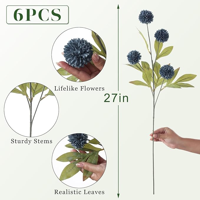 VIERENA 6 Pcs Faux Silk Pompon Mum Artificial Flowers for Vase -27", Bulk Fake Chrysanth Branches with Stems for DIY Bouquet Centerpieces Wedding Fillers Arrangements Shower Decorations (Dark Blue)