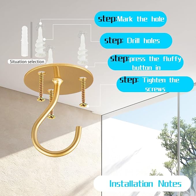 Ceiling Hooks for Hanging Plants-Metal Heavy Duty Wall Mounted Hangers for Hanging Bird Feeders, Planters, Wind Chimes, Include Professional Drywall Anchors (5 Pack) (Bright Gold)