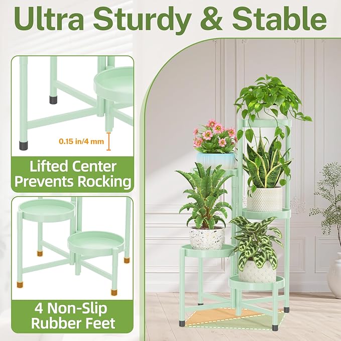 iDavosic.ly Plant Stand Indoor Outdoor, 5 Tier Corner Metal Flower Display Holder Shelf, Folding Tall Orchid Rack for Patio Balcony Porch Garden Living Room House, Light Green