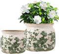 Vintage Ceramic Planters with Drainage Hole, Floral Plant Vases for Indoor Greenery, Tuscan Gardening Decor, Green Ceramic Planters for Christmas & Home Decor(2 Pcs)