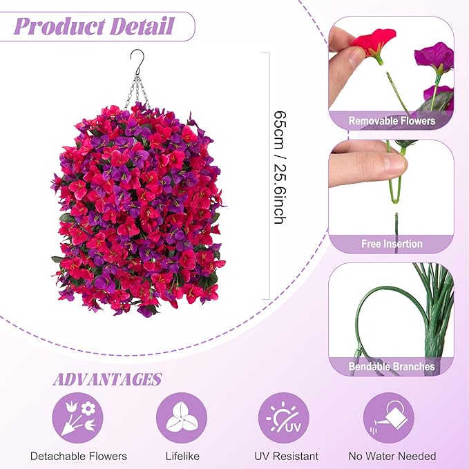 Artificial Fake Hanging Flowers with Basket for Outdoors Decoration, 3PCS Faux Flowers for Outdoor Planters UV Resistant No Fade Silk Bougainvillea for Home Porch Patio Garden Balcony Yard Decor