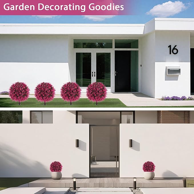 Artificial Pink Eucalyptus Topiary Ball Trees with Ground Spike, Set of 2 UV Resistant Artificial Shrubs, Fake Evergreen Artificial Plant Bushes for Indoor Outdoor Front Porch Garden