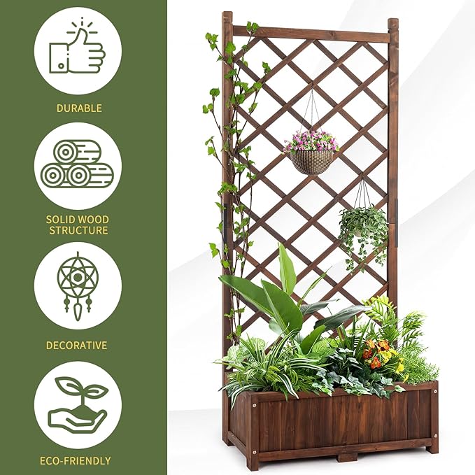Wood Planter Raised Garden Bed,with Trellis,29.5 x 16.9 x 67'' Outdoor Raised Garden Bed with Drainage Holes, Free-Standing Trellis Planter Box for Vine Climbing Flowers in Garden