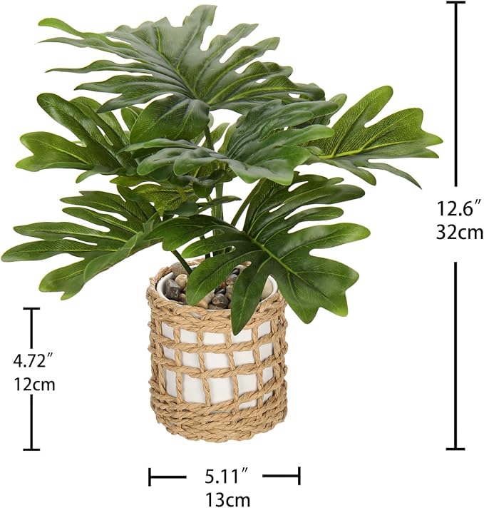 Briful Fake Plants Potted Monstera Plant Artificial Realistic Houseplant in White Ceramic Vase Wrapped Woven Pot, Faux Plant Indoor for Home Farmhouse Wedding Tabletop Shelf Decor