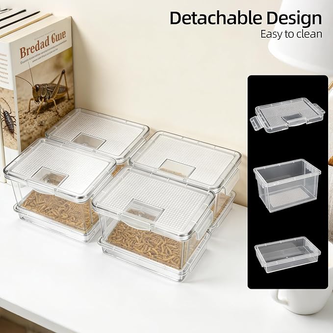 4 Pcs Mealworm Breeding Kit - to Breed Live Mealworms, Clear Mealworm Farm Containers for Live Mealworms, Reptiles, Lizards, Frogs,Tortoises (5.3"x3.5"x4")