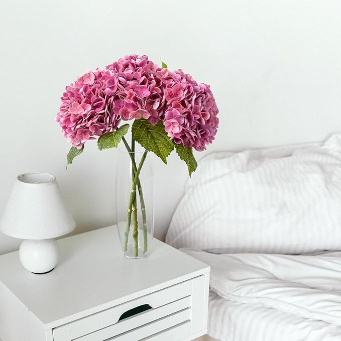 ZYTUYO 3 PCS Magenta Hydrangea Real Touch Artificial Flowers 21'' Latex Large Hydrangea with Long Stems for Wedding Table Centerpieces Indoor Kitchen Spring Home Decor Outdoor Porch