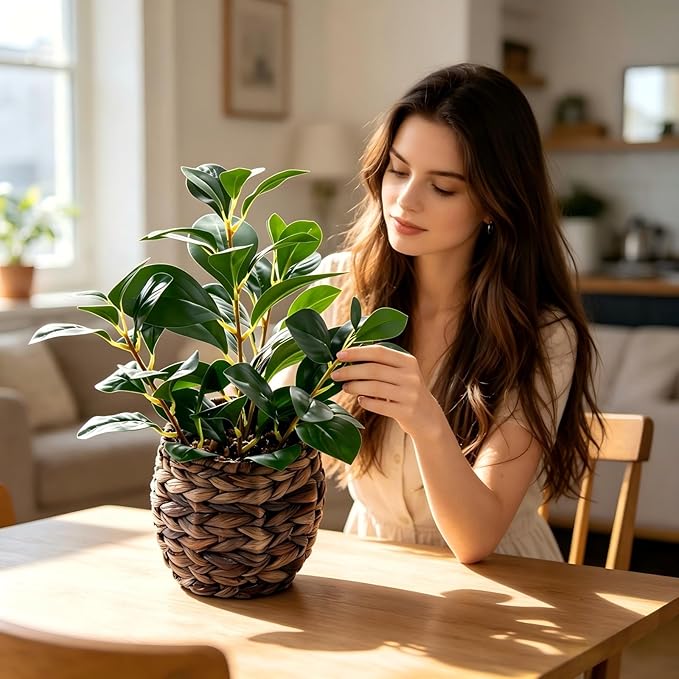 Artificial Vibrant Plants 14.2 inches Tall Fake Outdoor Greenery Plants with Ficus Leaves in Brown Rattan Planter for Indoor Home Office Garden Modern Decoration Ideal Housewarming Gift