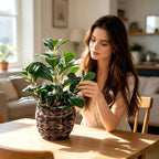 Artificial Vibrant Plants 14.2 inches Tall Fake Outdoor Greenery Plants with Ficus Leaves in Brown Rattan Planter for Indoor Home Office Garden Modern Decoration Ideal Housewarming Gift