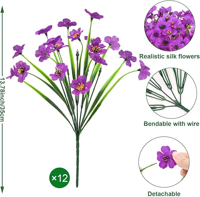 Ouddy Decor 12 Bundles Artificial Flowers for Outdoors Fake Silk Flowers UV Resistant Faux Plastic Plants for Indoor Outdoor Vase Box Garden Porch Window Box Home Spring Summer Decor, Purple