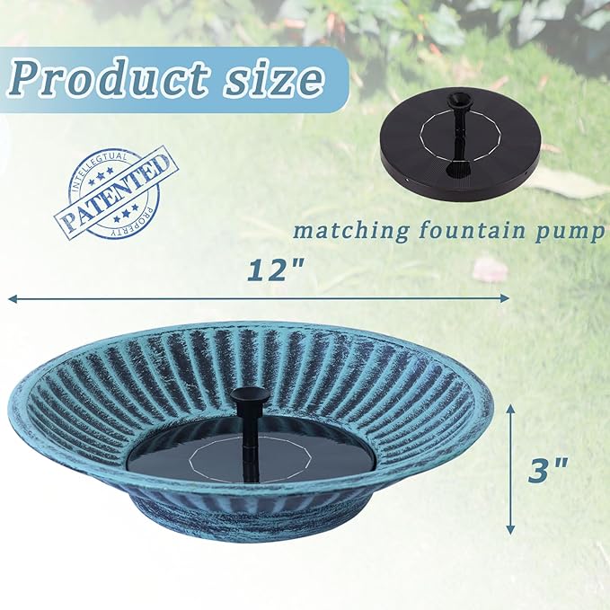 12.3" Solar Fountain Bird Bath for Outside, Metal Solar Bird Bath Fountains, Bird Bath Bubbler for Garden Patio Decor-Blue