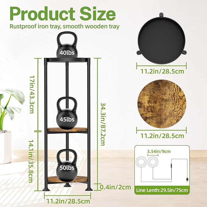 iDavosic.ly 3 Tier Plant Stand Indoor with Grow Light, 30 Inch Tall Vertical Corner Metal Flower Heavy Duty Pot Holder Shelf, Modern Black & Rustic Brown - Round
