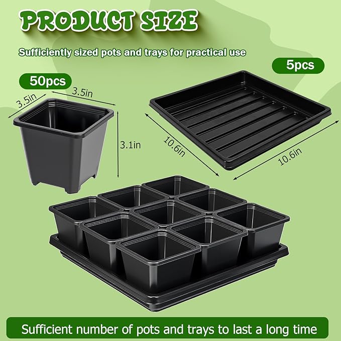 NNG 3.5 inch 50 Pcs Black Square Nursery Pots with 5 Pcs Plastic Seed Starting Trays,Plant Propagation Starter Kit Square Seed Starting Pots with Drain Holes