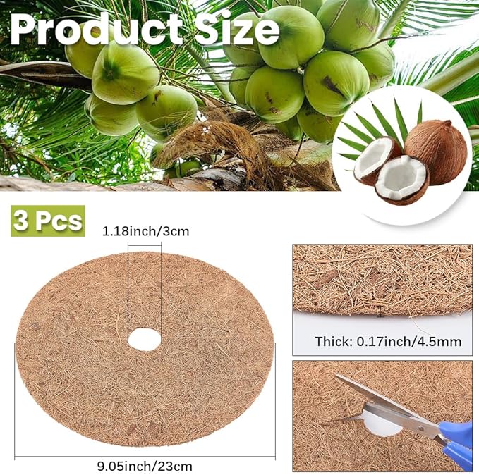 CREATCABIN 3Pcs Coconut Fiber Mulch Ring 23cm Tree Plant Protector Mat Natural Coco Coir Tree Protection Ring Plant Pot Soil Cover Disc Plant Cover for Indoor Outdoor Trees Plants Landscaping