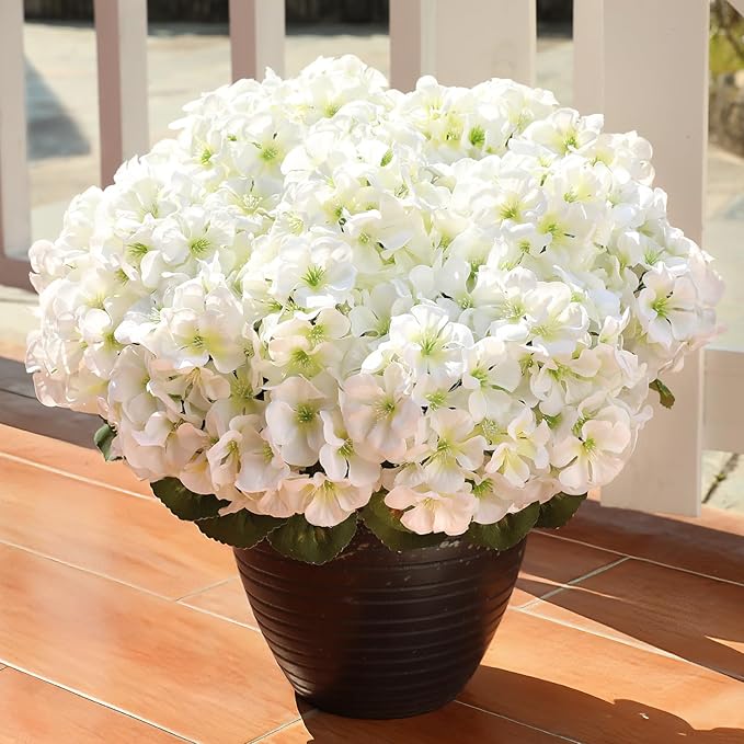 6 Bundles White Artificial Geranium Flowers for Outdoors Spring Decor Geraniums Silk Flowers UV Resistant Lifelike Faux Flowers for Spring Indoor Outdoor Garden Patio Porch Balcony Home Decoration