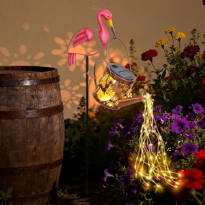 LOVERUIS Garden Statues with Solar Watering Can Lights, Cute Outdoor Garden Decor for Patio Yard Lawn Ornaments, Unique Gift for Women Mom Grandma (Flamingo)