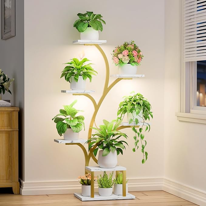 BACEKOLL Plant Stand Indoor with Grow Lights, 7 Tiered Indoor Plant Shelf, 49" Corner Plant Stands for Indoor Plants, Metal Plant Flower Display Shelf, Tree-Shaped Plant Rack for Home, Faux Marble