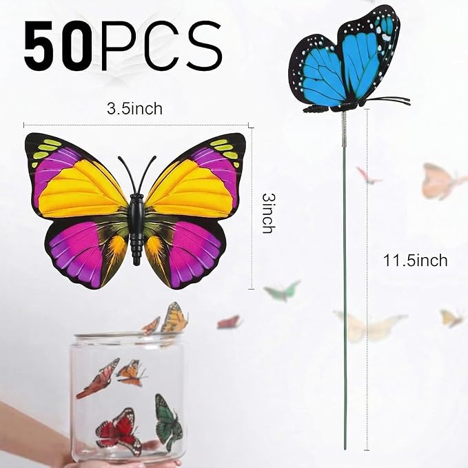 VGOODALL 50pcs Butterfly Garden Decorations, 11.5 inch Plastic Butterfly Stakes Ornaments Artificial Butterflies for Flower Bouquet Arrangements Crafts Outdoor Wall Patio Plant Yard Decor