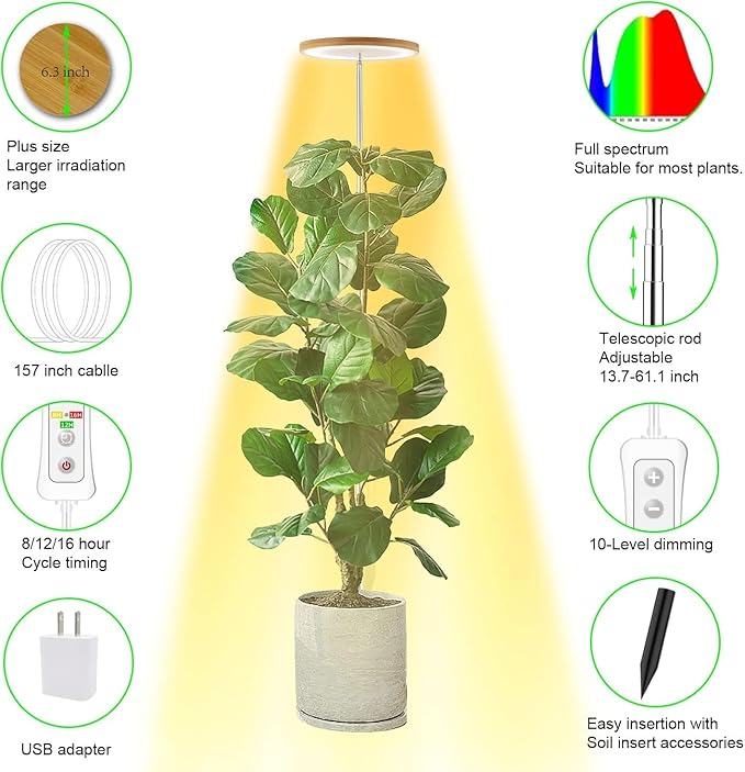 yadoker Plant Grow Light, LED Growing Light Full Spectrum for Indoor Plants, Paired with a Soil Tester,Height Adjustable, Automatic Timer, 5V Low Safe Voltage,Idea for Large Plant Light