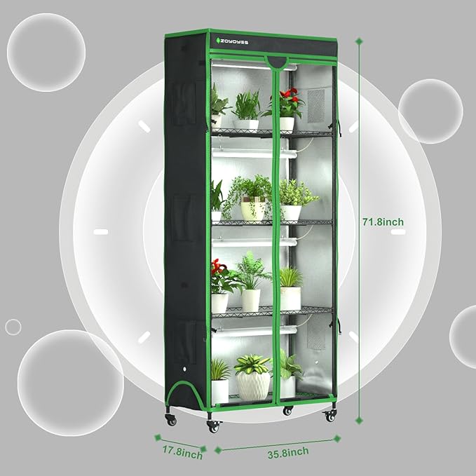 Indoor Greenhouse with Grow Light, 35.8" W x 17.8" D x 71.8" H, 5-Tier Plant Shelf with 3-Color T8 Growth Lights, Plant Stand with Smart Timing Plug and thermohygrometer