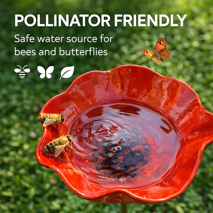 Handmade Metal Flower Garden Stake Bird Bath, Hummingbird Feeder, Bee & Butterfly Puddler, Mini Pollinator Watering Station for Garden Patio Lawn Yard Decor, Purple, 3PCS