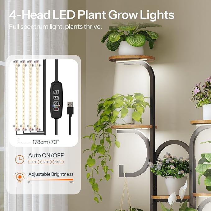 HOOBRO Plant Stand Indoor with Grow Lights, 63" Corner Plant Stand for Indoor Plants, 7 Tiered Metal Corner Shelf with 2 Hanging Basket Spots, for Home, Living Room, Rustic Brown and Black BF12DHJ01