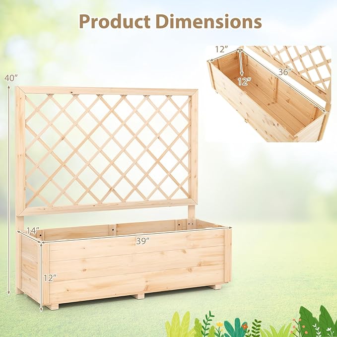 Giantex Raised Garden Bed with Trellis, Drainage Hole, Wood Elevated Planter Box for Climbing Vine Flower Herb Vegetable Fruit, Planting Container for Indoor Outdoor Patio Balcony (39”x14”x40”)