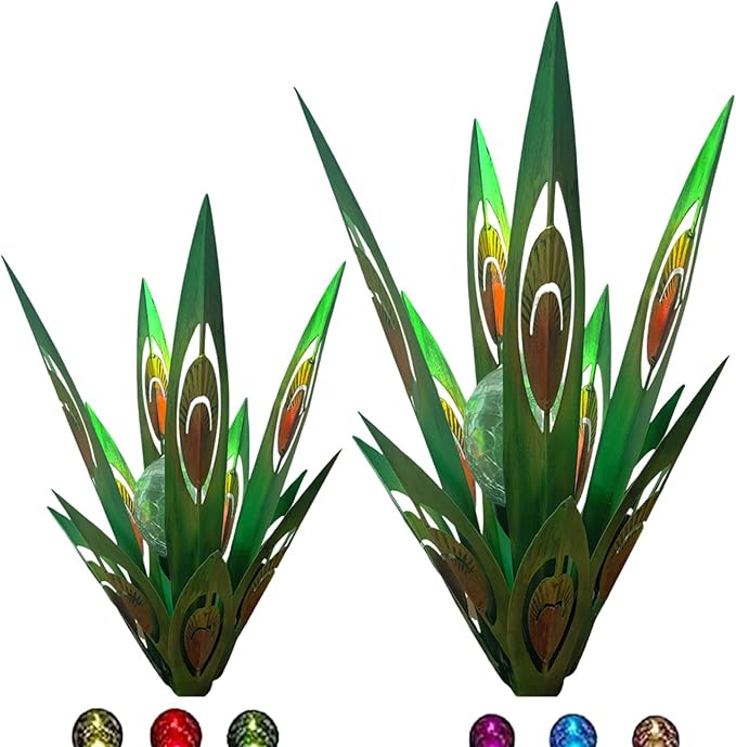 Jesokiibo 2pcs Tequila Sculpture Metal Agave Plant Home Decor Rustic Hand Painted Figurines Yard Decorations Lawn Ornaments（Multi-Color LED Solar Light Green） (Green)