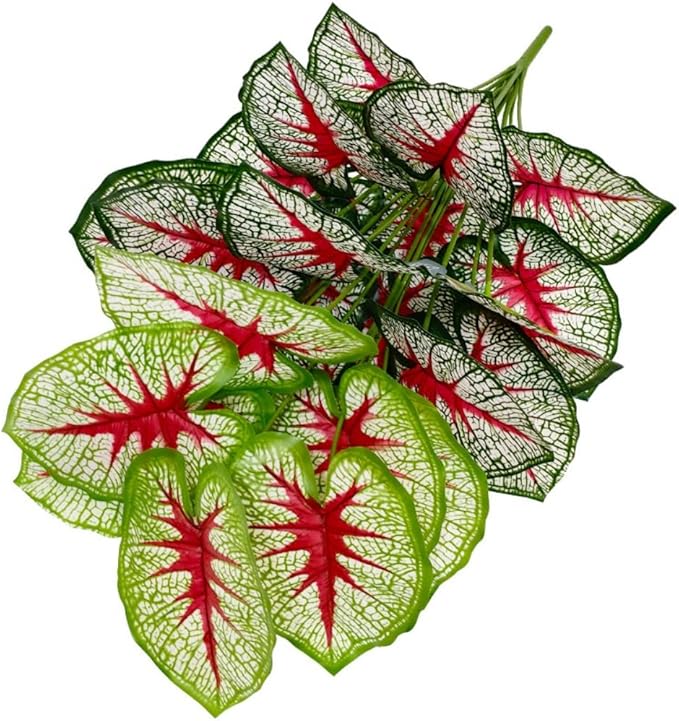 Artificial Caladium Plant with Red and Green Leaves, Red Leaf Artificial Plants Decoration Simulated Bonsai Potted Decor Home Room Party Wedding Office Floor (White(No Flowerpot), 85cm)