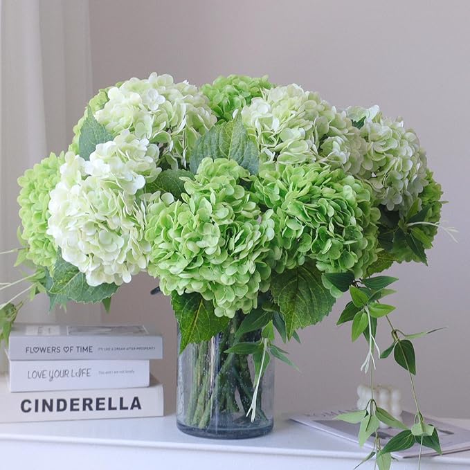 Buart 3PCS Long Stem Big Size Flowers Artificial Silk Hydrangea Lifelike Flowers Real Touch Green Artificial Flowers Wedding Shower Bride Bouquets Office Living Room Table Decorations (21 Inch)