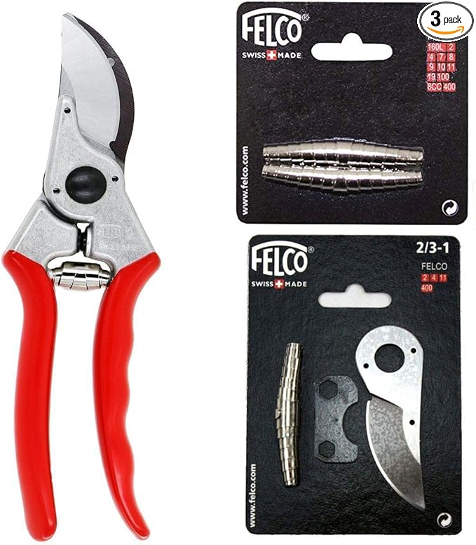 FELCO 2 Classic Bypass Pruner with Replacement Springs and 2/3-1 Blade Repair Kit (Bundle, 3 Items)