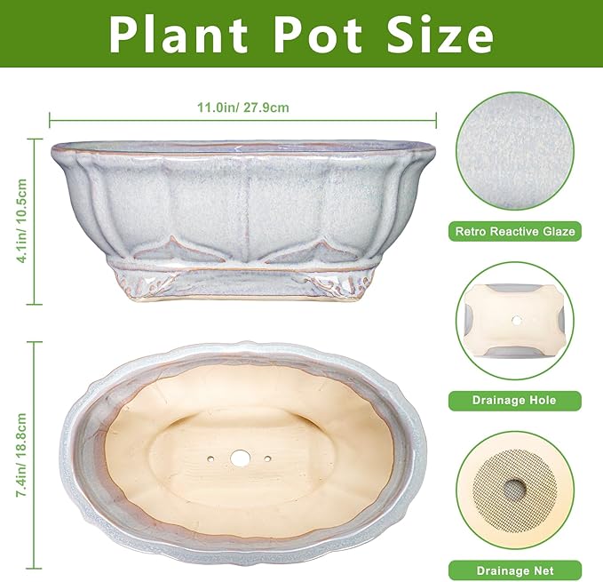 11 Inch Bonsai Pots - Ceramic Bonsai Planters for Indoor Outdoor Plants, Succulent Pots with Drainage Hole, Shallow Planter, Decorative Flower Pot, Home Decor, House Warming Gifts, Oval Grey