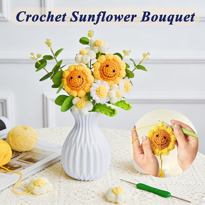 Crochet Flower Bouquet Handmade Knitted Sunflower Artificial Bouquet Positive Crocheted Sunflowers Bouquet with Exquisite Wrap for Valentine Mother's Day Graduation Anniversary