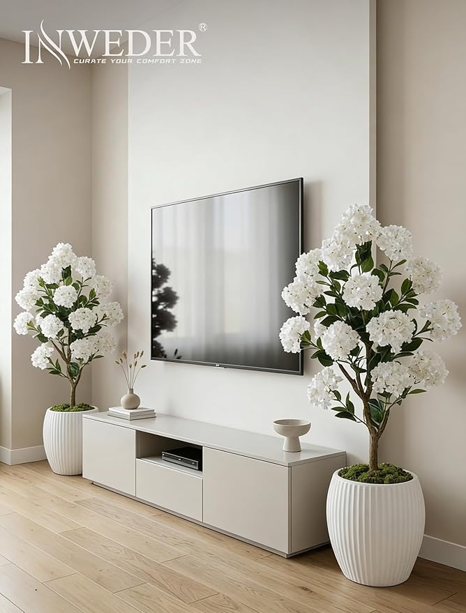 Artificial Flower Tree for Porch: 3.6ft Fake Crape Myrtle Trees Set of 2 for Outdoor Front Door Indoor Decor - White Realistic Silk Plant with Pot for Home Living Room Patio Decorations