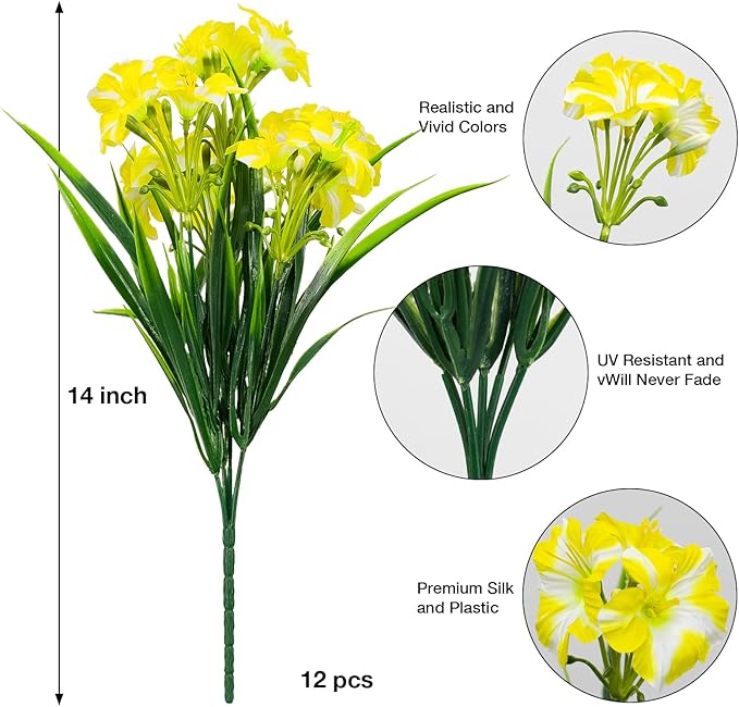 LikSoor Outdoors Artificial Flowers Spring Summer Decor Fake Petunias UV Resistant Flower Faux 12 Bundles Realistic Plastic Plant Porch Patio Window Box Garden Decoration (Yellow)