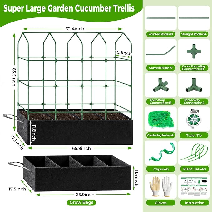 Large Cucumber Trellis for Climbing Plants Outdoor with Grow Bag,67" Tall Metal U-Frame Plant Trellis for Cucumber with Garden Netting and Plant Clip Plant Ties for Vegetables Tomatoes Squash Pea