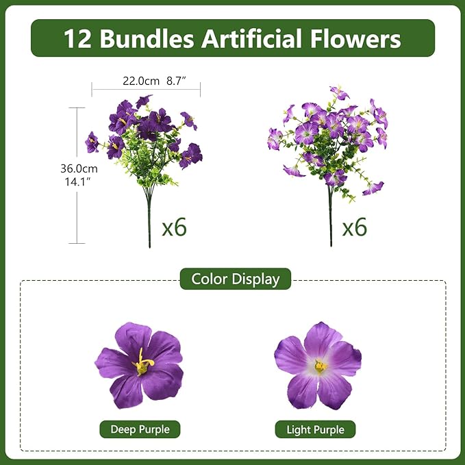 Artificial Flowers for Outdoors Fake Plants Spring Summer Decoration, 12 Bundles Faux Petunias UV Resistant Realistic Silk Flower for Outside Planters Patio Porch Yard Window Box (Double Purple)