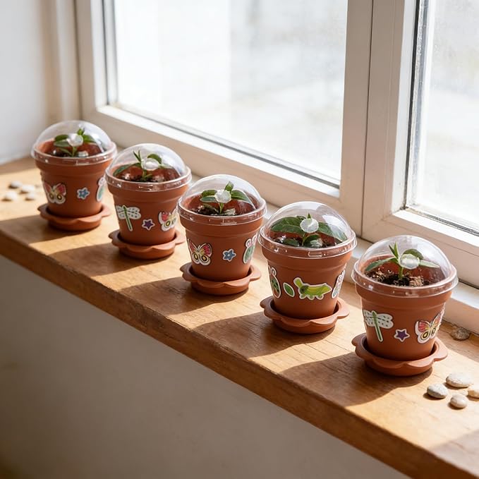 25 Packs Cupcake Plant Nursery Pots with Humidity Dome, Small Plastic Flower Plant Pots with 20 Sheet Stickers, Seeds Starter Pot Flower Planting Container for Seedlings Succulent Display (Wine Red)